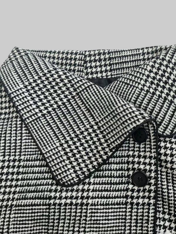 Houndstooth plaid jacket with stand collar and asymmetric button front