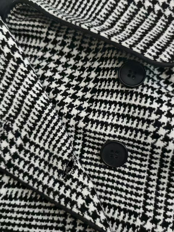 Houndstooth plaid jacket with stand collar and asymmetric button front