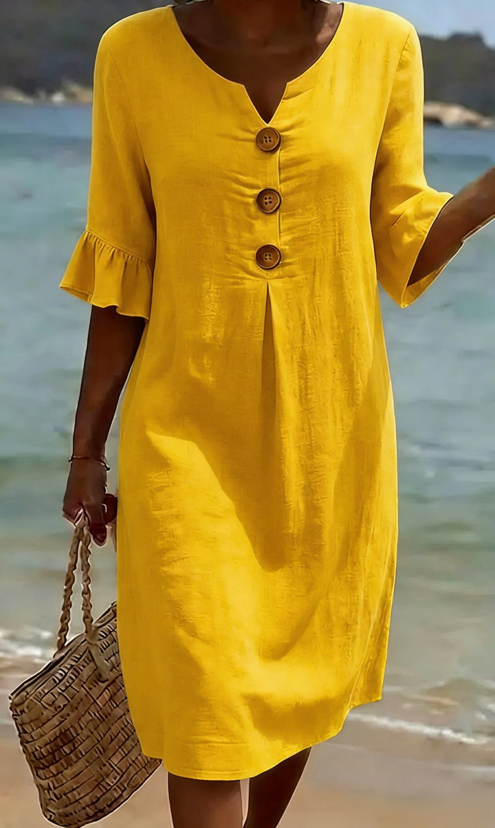 Women's Linen Blend Shift Dress, Wooden Buttons and Ruffle Cuffs