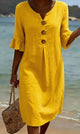 Women's Linen Blend Shift Dress, Wooden Buttons and Ruffle Cuffs