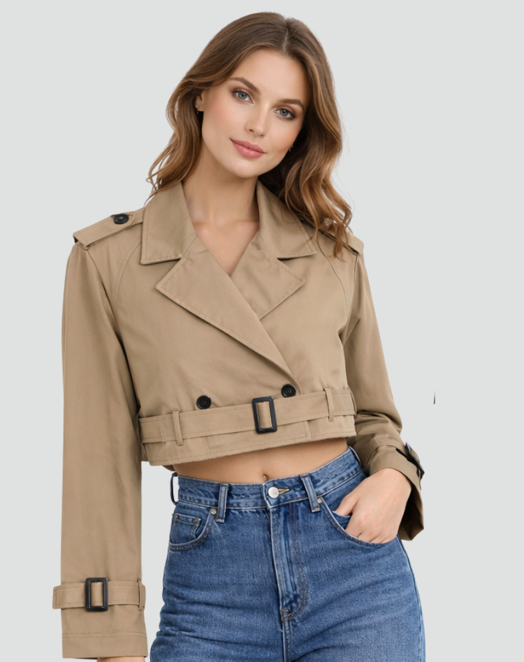Women's cropped belted trench coat with lapels and long sleeves