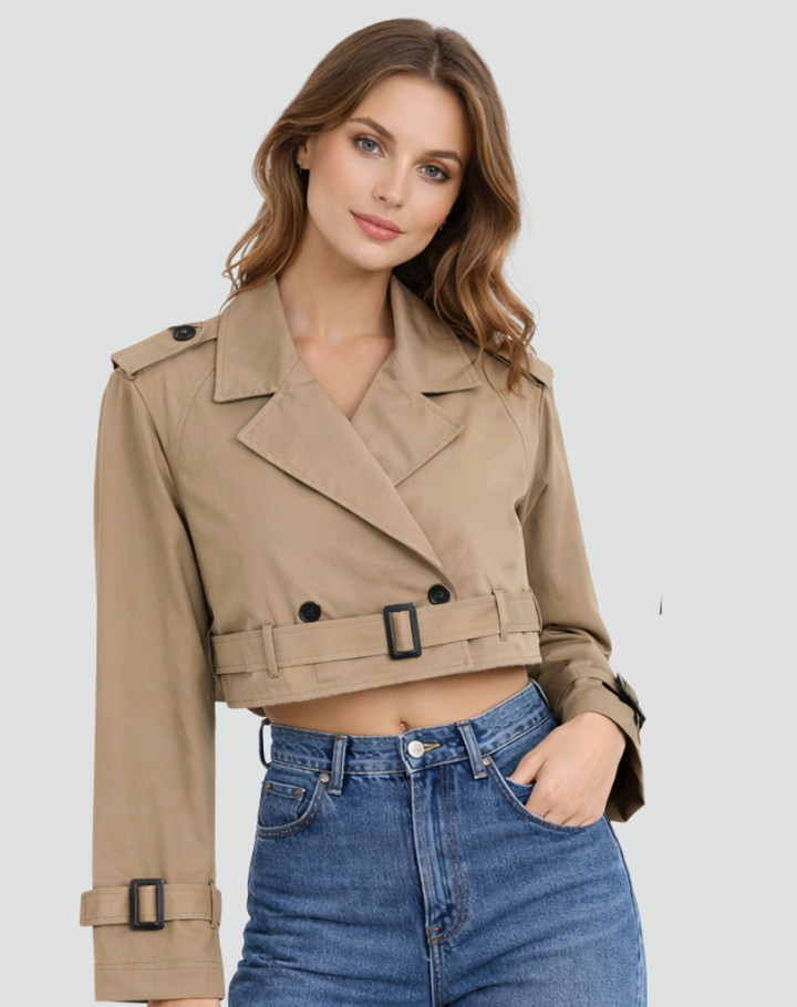 Women's cropped belted trench coat with lapels and long sleeves