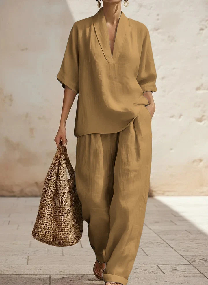 Women's relaxed two-piece set with V-neck top and wide-leg trousers in sand