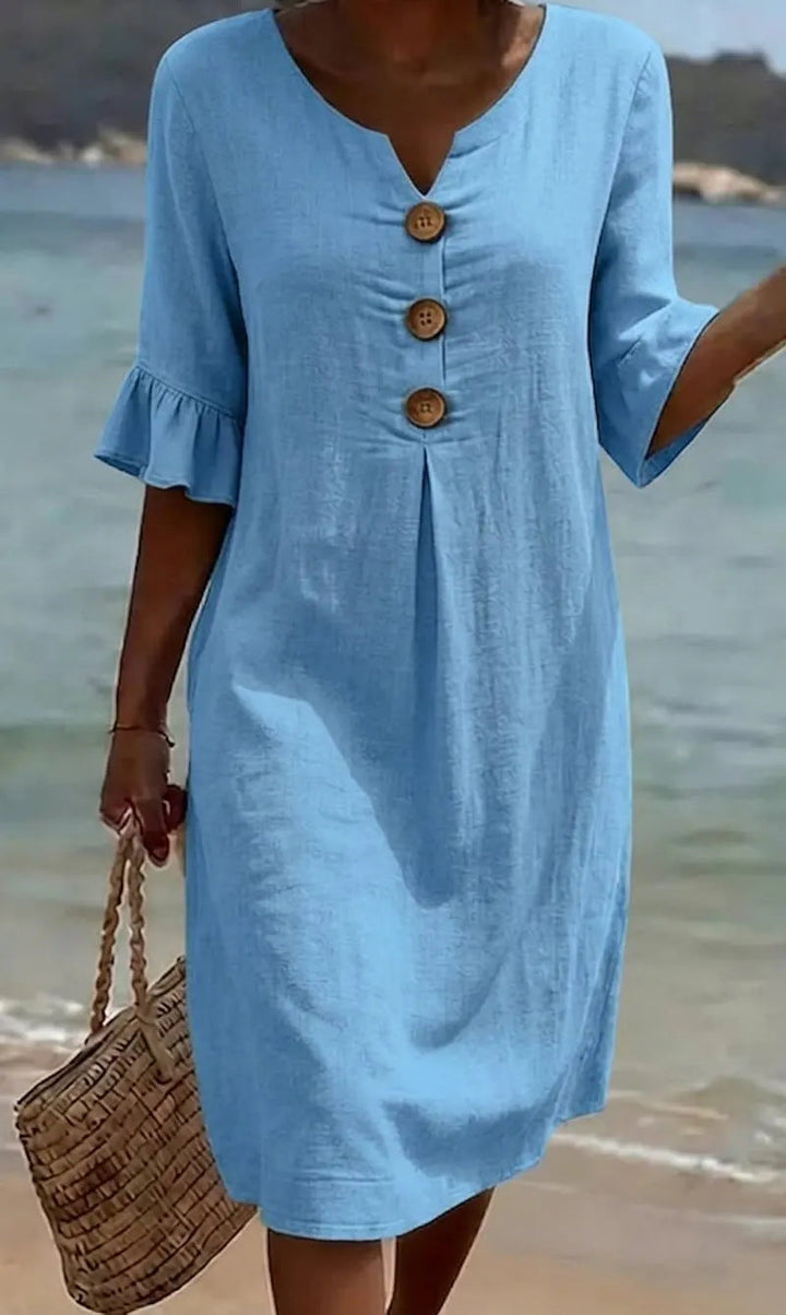 Women's Linen Blend Shift Dress, Wooden Buttons and Ruffle Cuffs