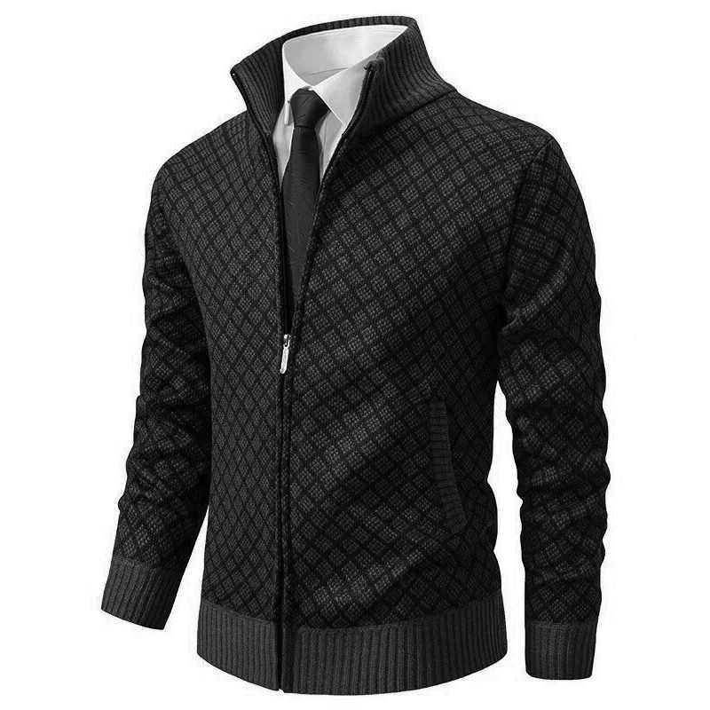 Men's geometric patterned zip cardigan sweater with mock collar