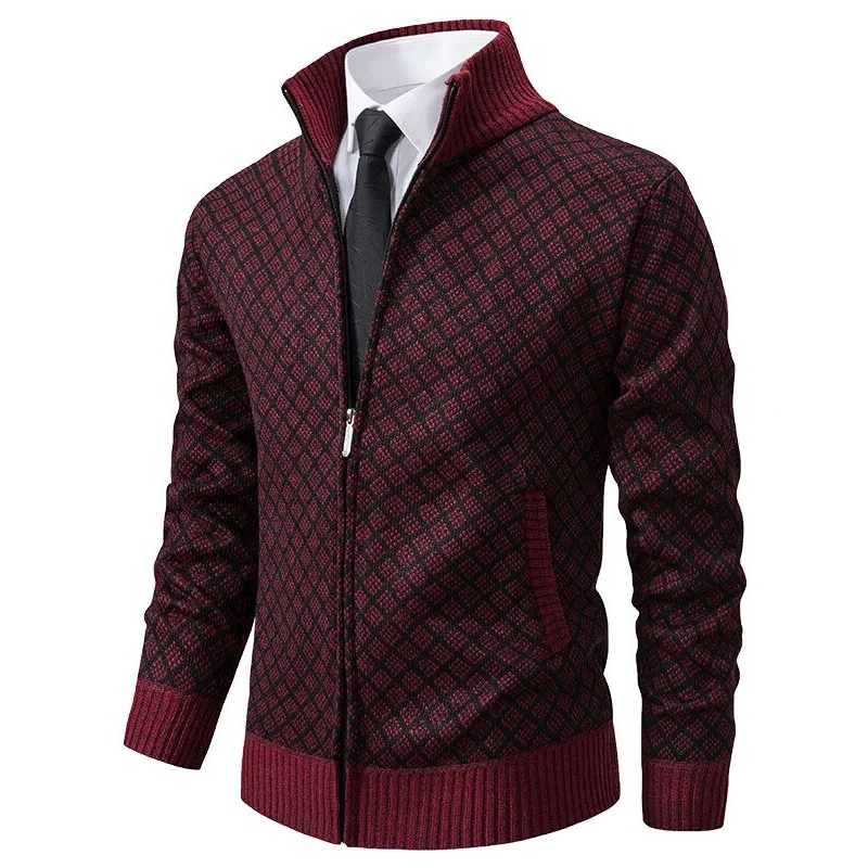 Men's geometric patterned zip cardigan sweater with mock collar