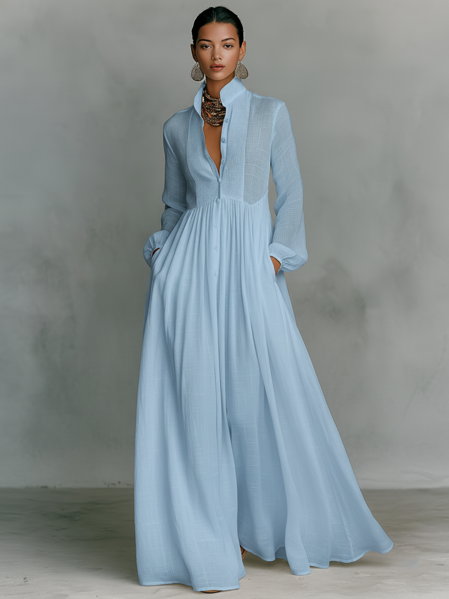 Pintucked Bib Front Maxi Shirt Dress for Women