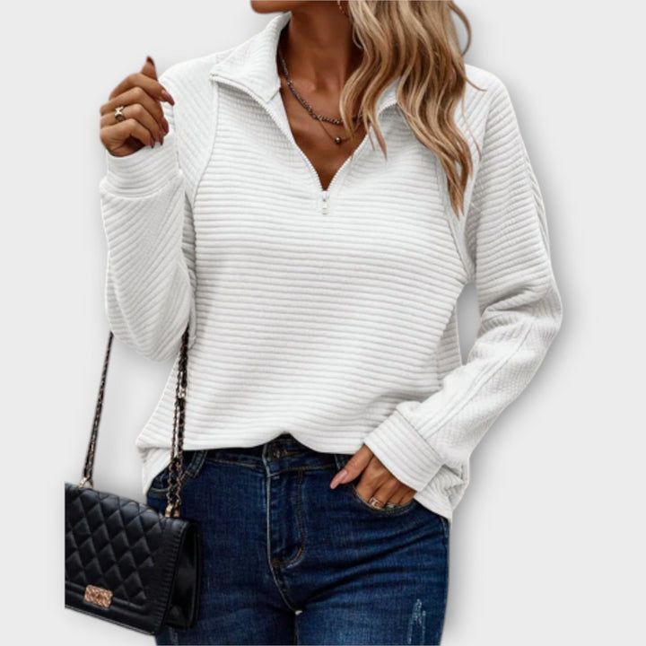 Women's ribbed half-zip sweater with raised mock collar