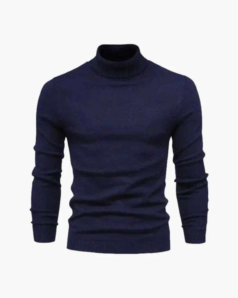 Men's fitted turtleneck knit sweater with long sleeves and ribbed cuffs