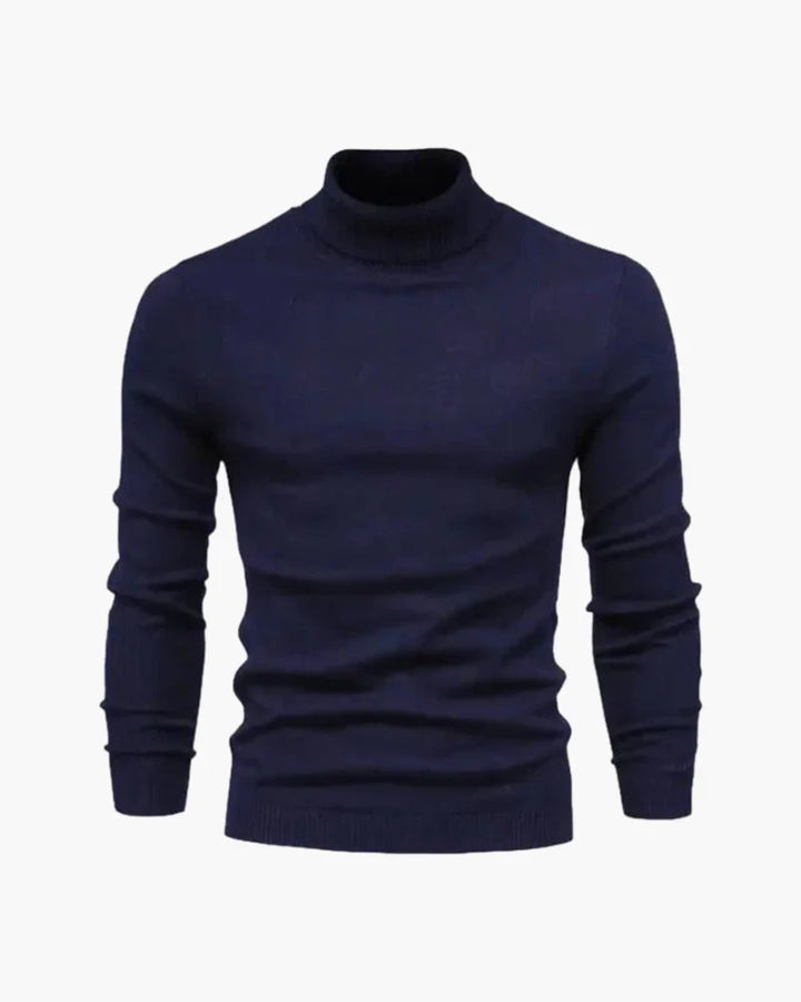 Men's fitted turtleneck knit sweater with long sleeves and ribbed cuffs