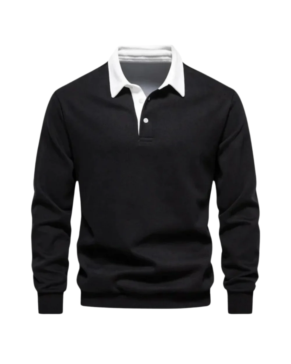Long-sleeve polo sweater with contrast collar and ribbed trim