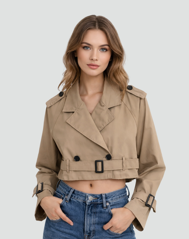 Women's cropped belted trench coat with lapels and long sleeves