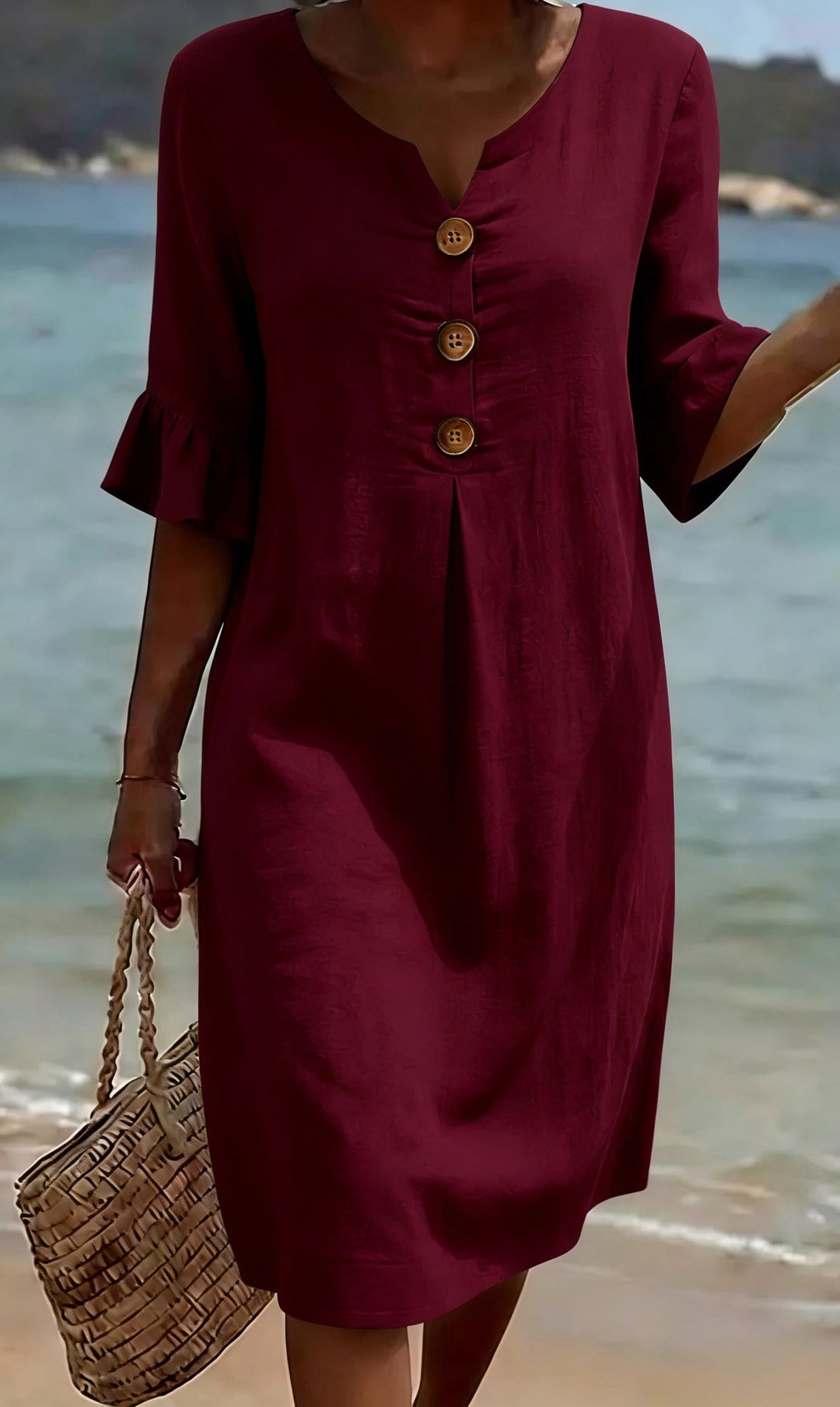Women's Linen Blend Shift Dress, Wooden Buttons and Ruffle Cuffs
