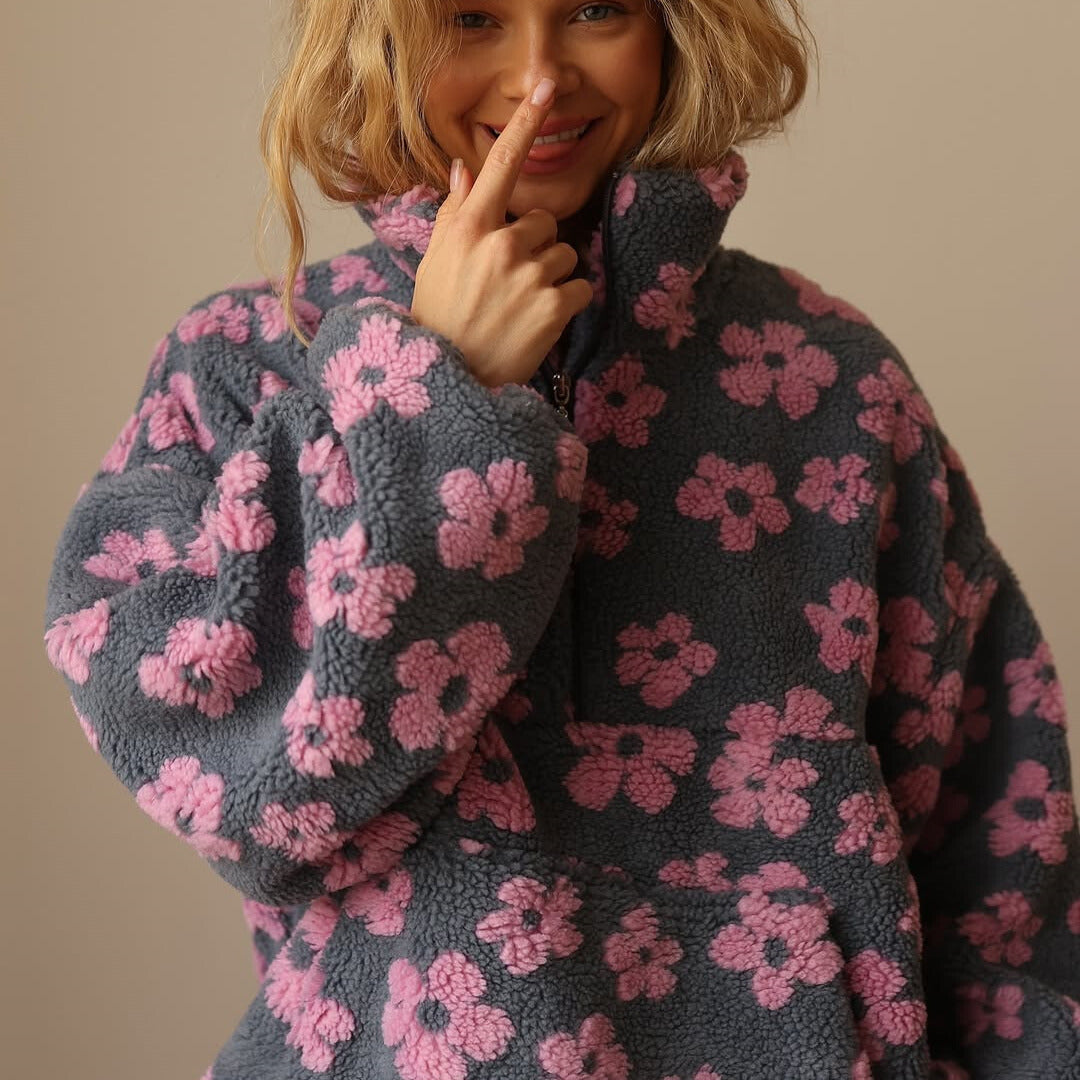 Women's floral half-zip pullover sweater with raised collar