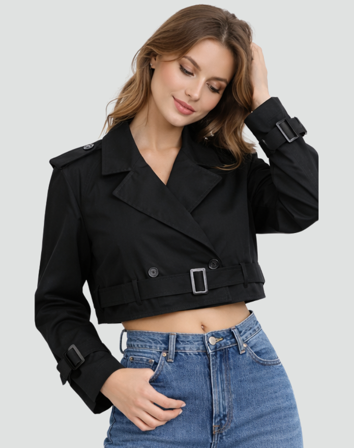 Women's cropped belted trench coat with lapels and long sleeves