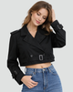 Women's cropped belted trench coat with lapels and long sleeves