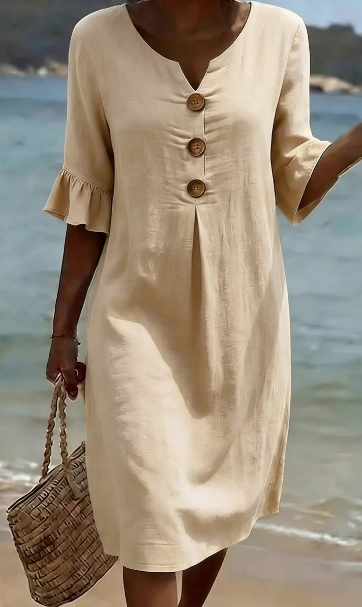 Women's Linen Blend Shift Dress, Wooden Buttons and Ruffle Cuffs
