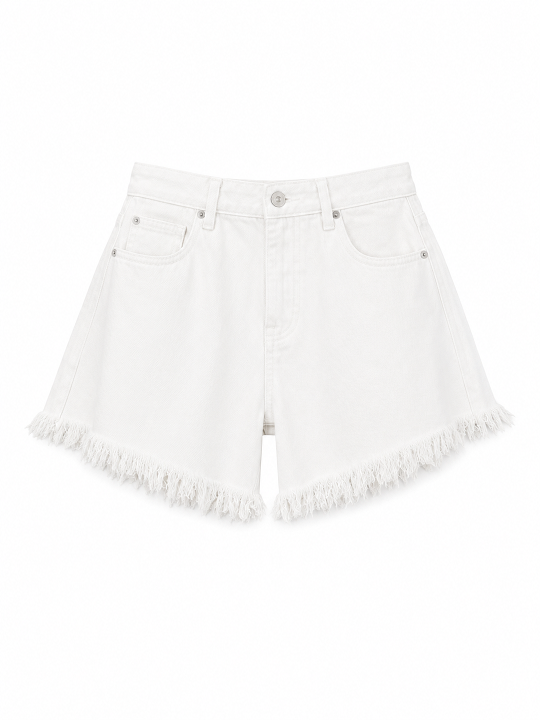 Women's white denim shorts with frayed hem edges and five-pocket styling