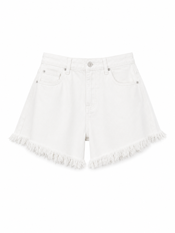 Women's white denim shorts with frayed hem edges and five-pocket styling