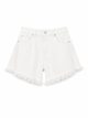 Women's white denim shorts with frayed hem edges and five-pocket styling