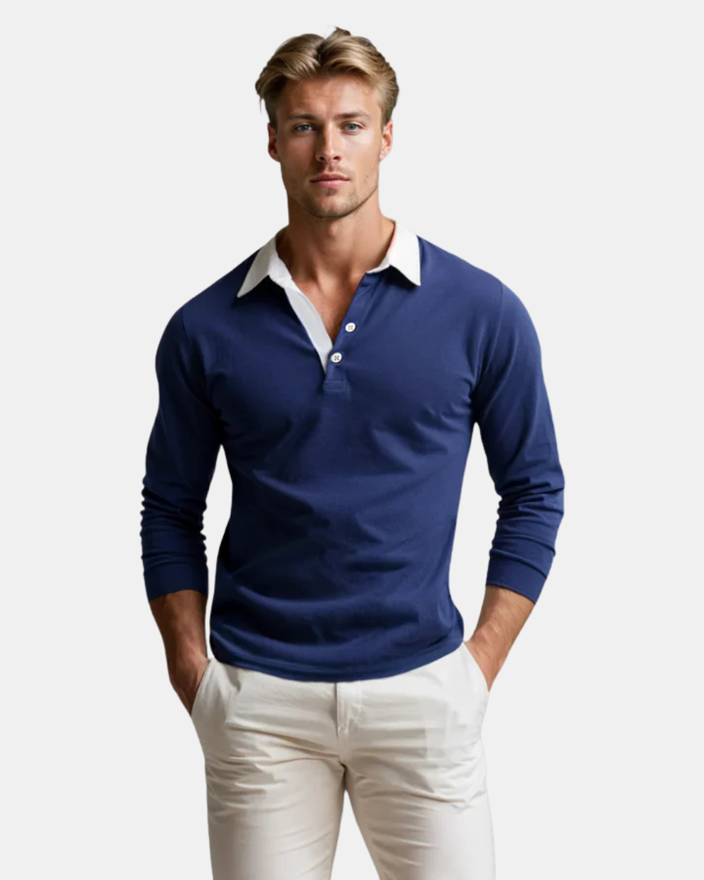 Long-sleeve polo sweater with contrast collar and ribbed trim