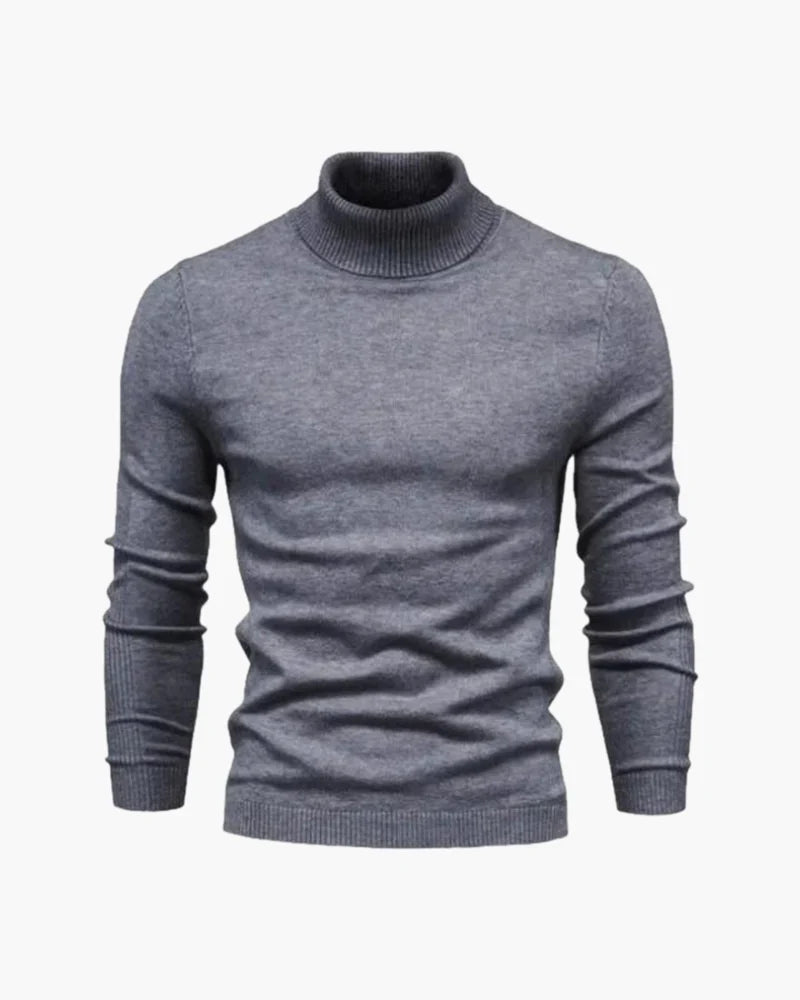 Men's fitted turtleneck knit sweater with long sleeves and ribbed cuffs