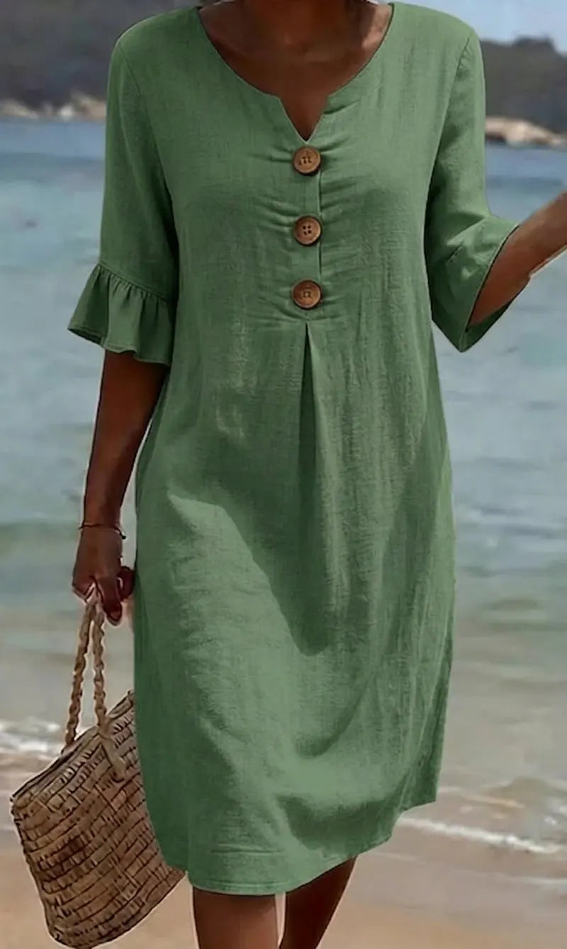 Women's Linen Blend Shift Dress, Wooden Buttons and Ruffle Cuffs