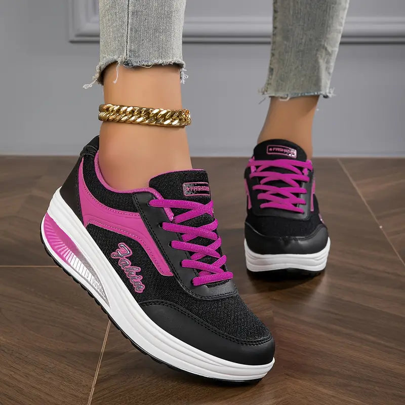 Women's low-top lace-up sneakers with printed uppers and raised soles