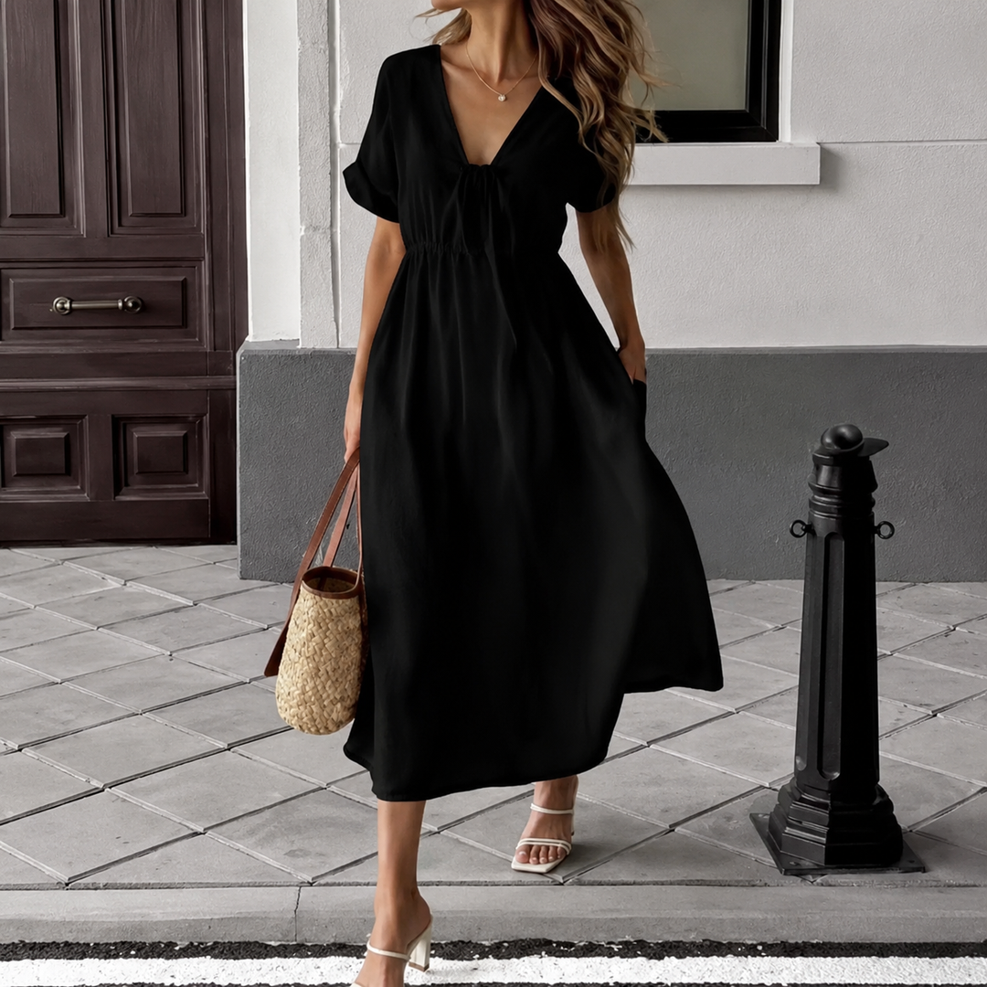 Women's Tie-Neck Midi Dress, V-Neck, Cream