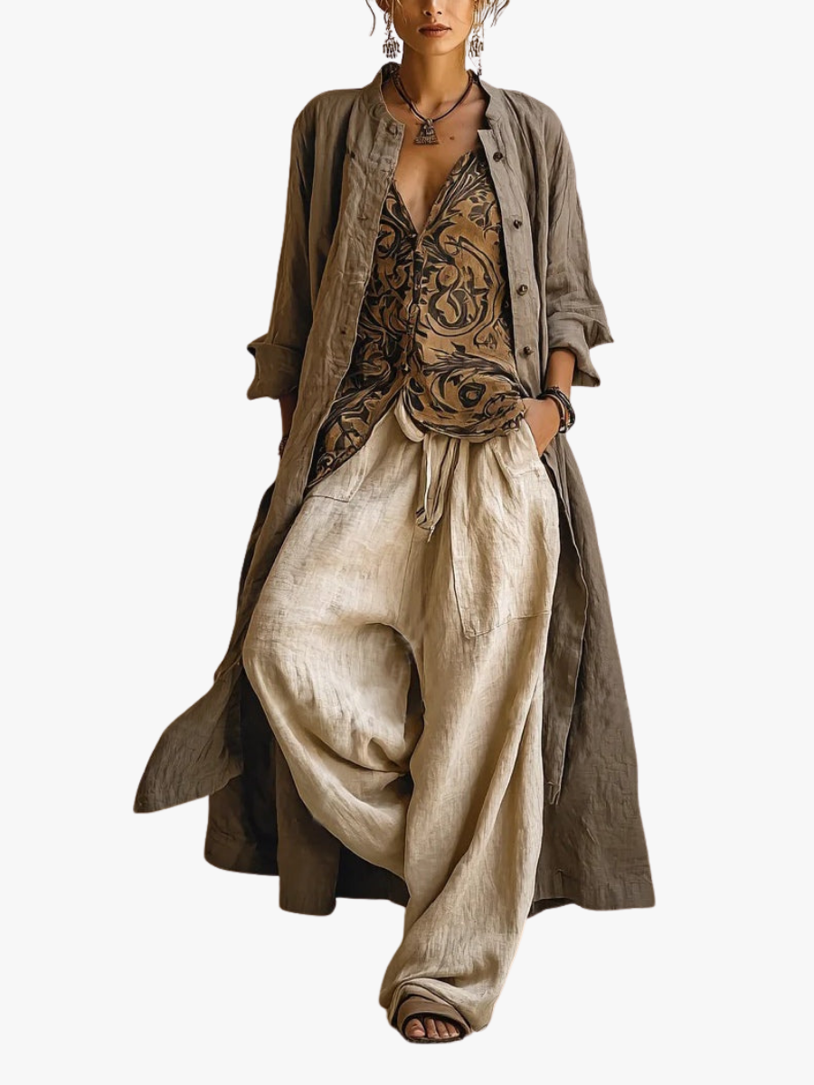 Women's three-piece set with grey-brown button shirt, patterned wrap top, and cream wide-leg trousers