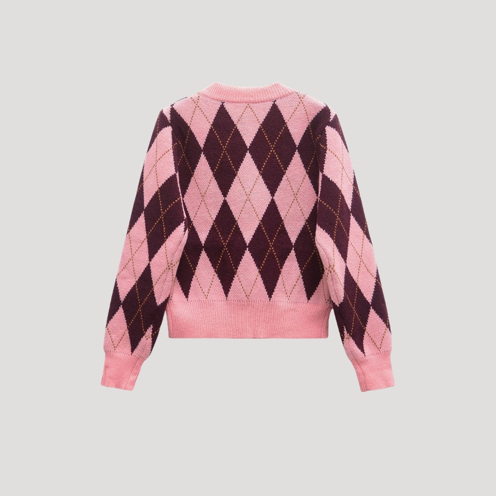 Angela | Knit Cropped Argyle Cardigan