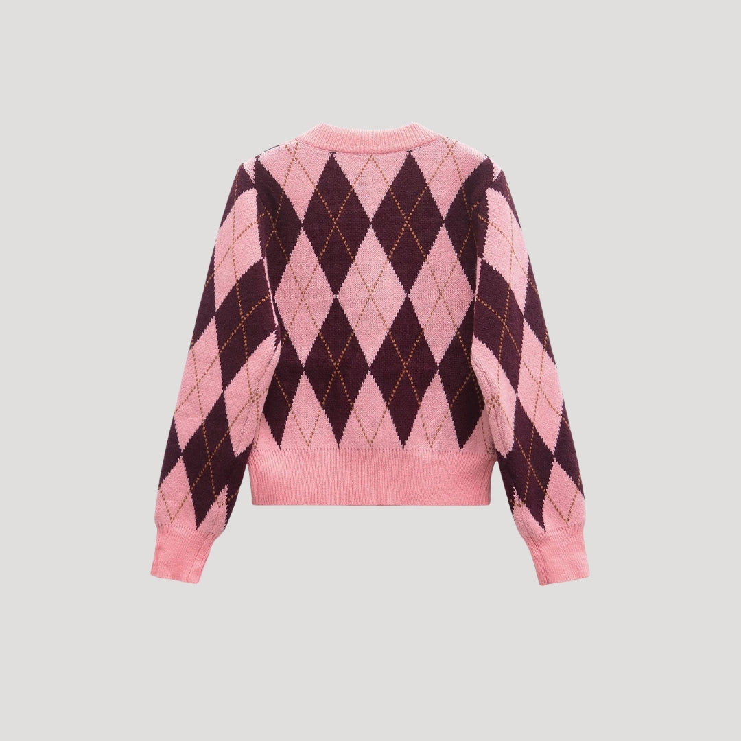 Angela | Knit Cropped Argyle Cardigan