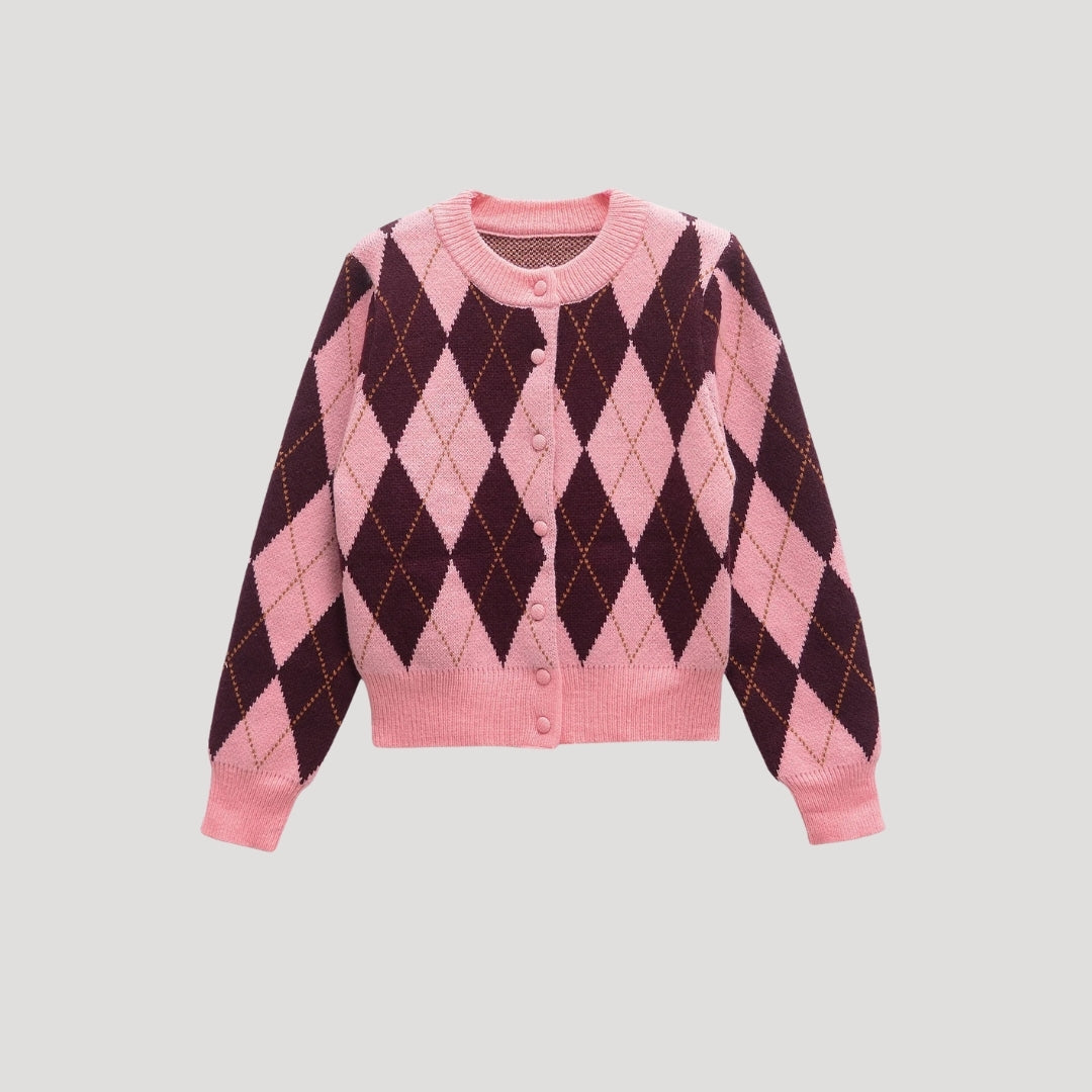 Angela | Knit Cropped Argyle Cardigan