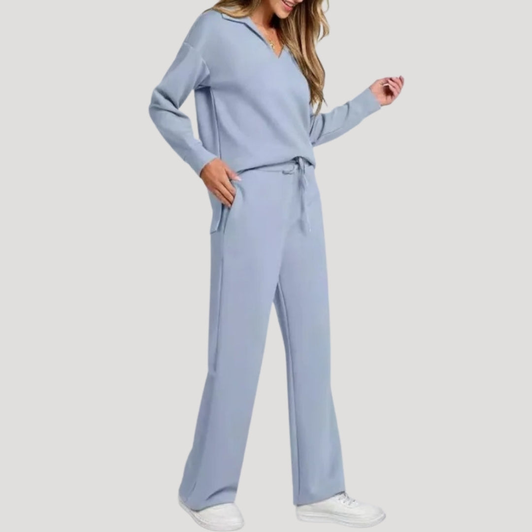 Elena | Knit V-Neck Wide-Leg Trousers