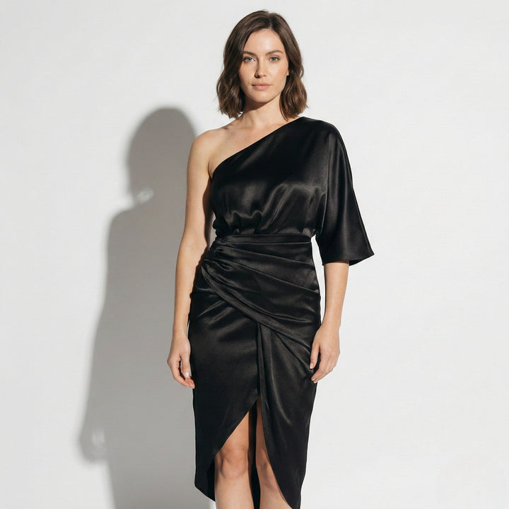 Gina | Satin One-Shoulder Wrap Midi Dress