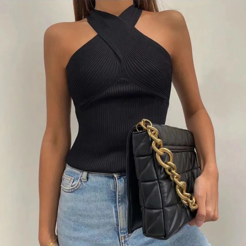 Karolina | Halter Ribbed Tank Top with Cross-Front Detail