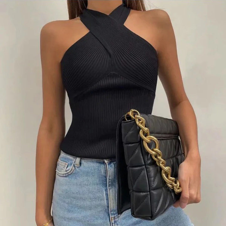 Karolina | Halter Ribbed Tank Top with Cross-Front Detail