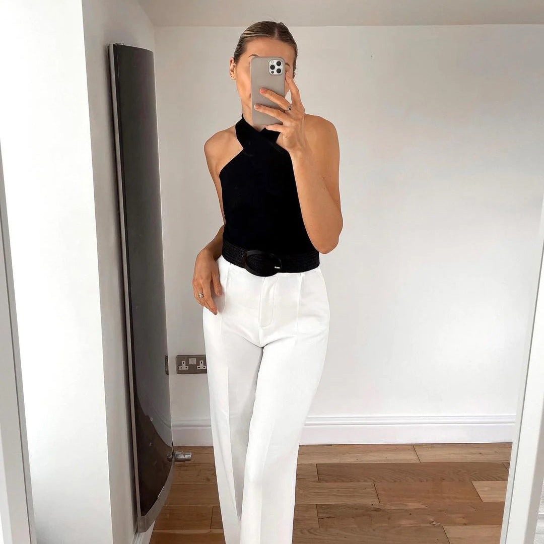 Karolina | Halter Ribbed Tank Top with Cross-Front Detail
