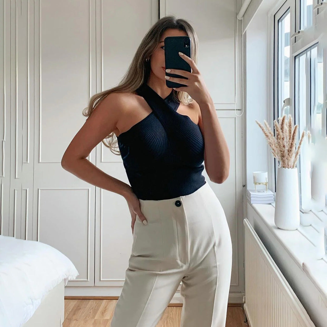 Karolina | Halter Ribbed Tank Top with Cross-Front Detail