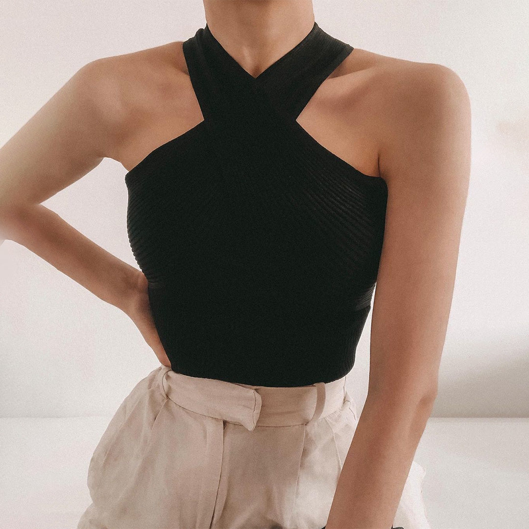 Karolina | Halter Ribbed Tank Top with Cross-Front Detail