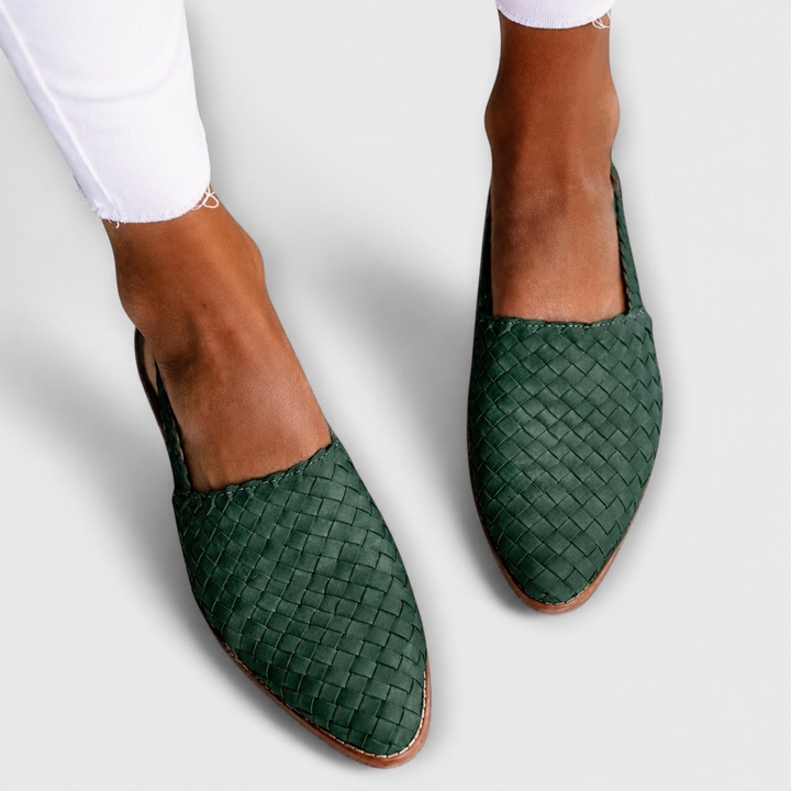 Women's braided mule loafers with rear heel strap in neutral tones