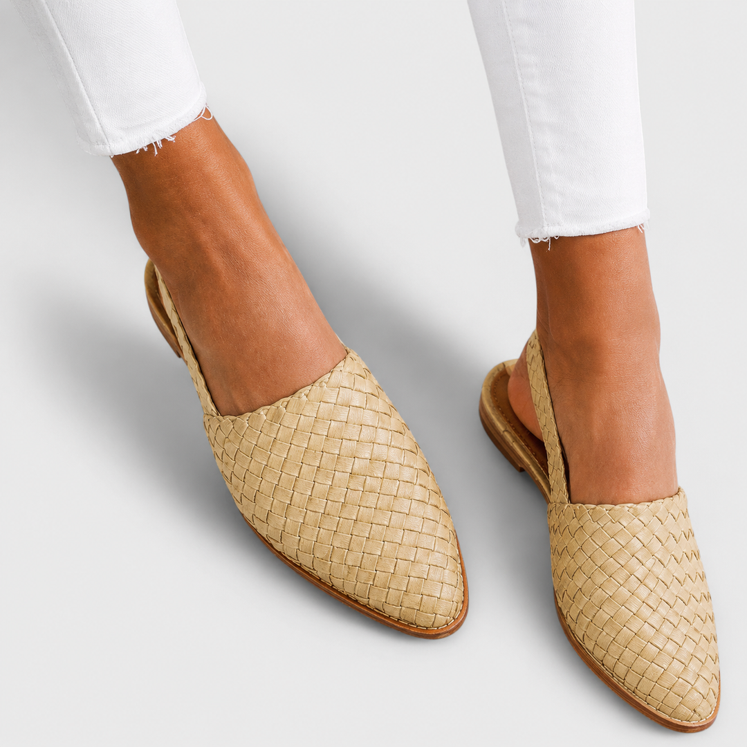 Women's braided mule loafers with rear heel strap in neutral tones