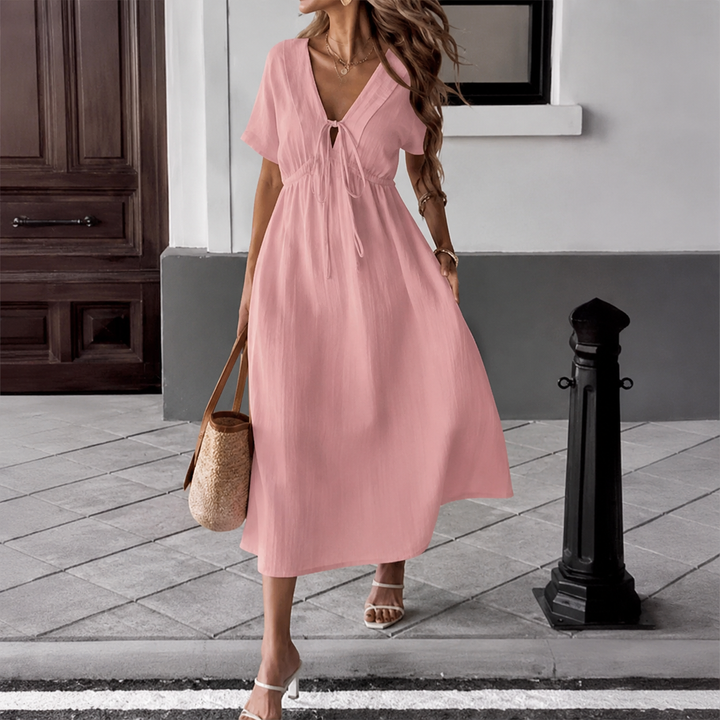 Women's Tie-Neck Midi Dress, V-Neck, Cream