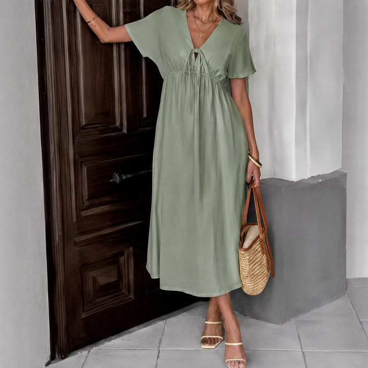Women's Tie-Neck Midi Dress, V-Neck, Cream