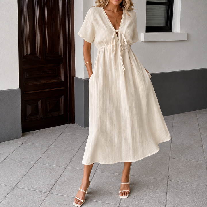 Women's Tie-Neck Midi Dress, V-Neck, Cream