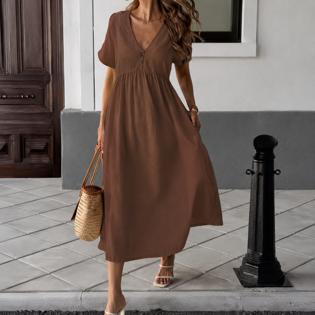 Women's Tie-Neck Midi Dress, V-Neck, Cream