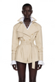 Women's beige belted trench playsuit with long sleeves and tailored shorts