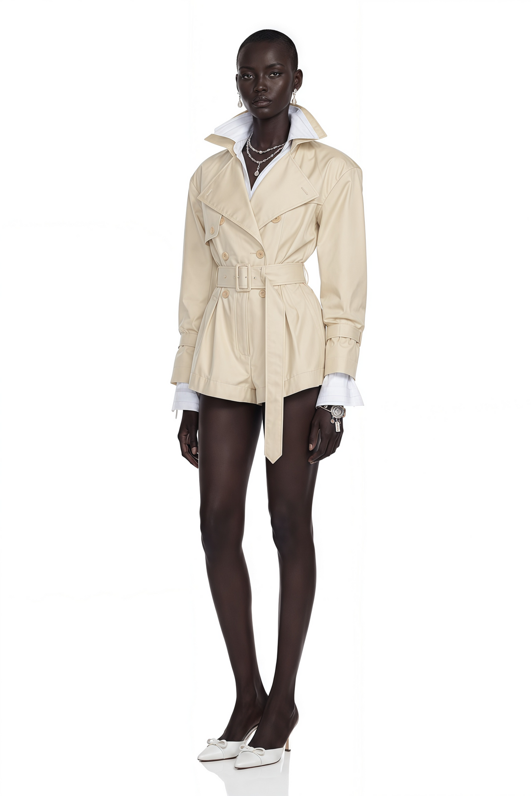 Women's beige belted trench playsuit with long sleeves and tailored shorts