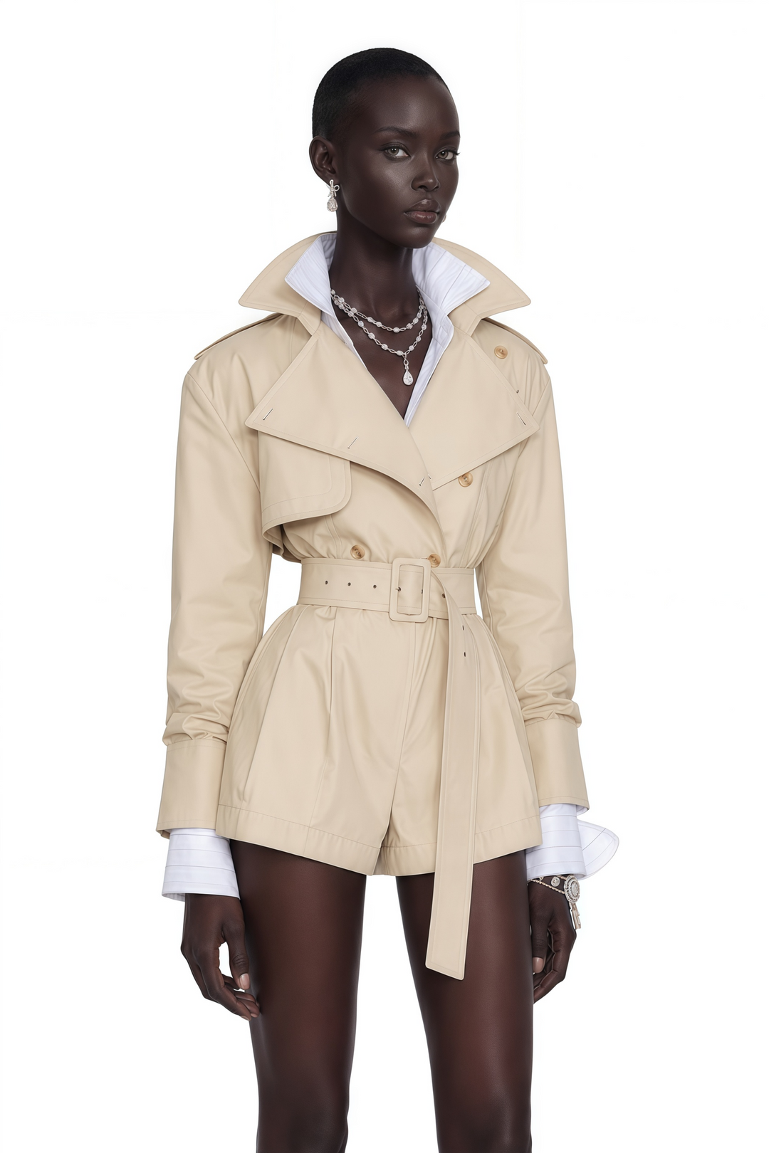 Women's beige belted trench playsuit with long sleeves and tailored shorts