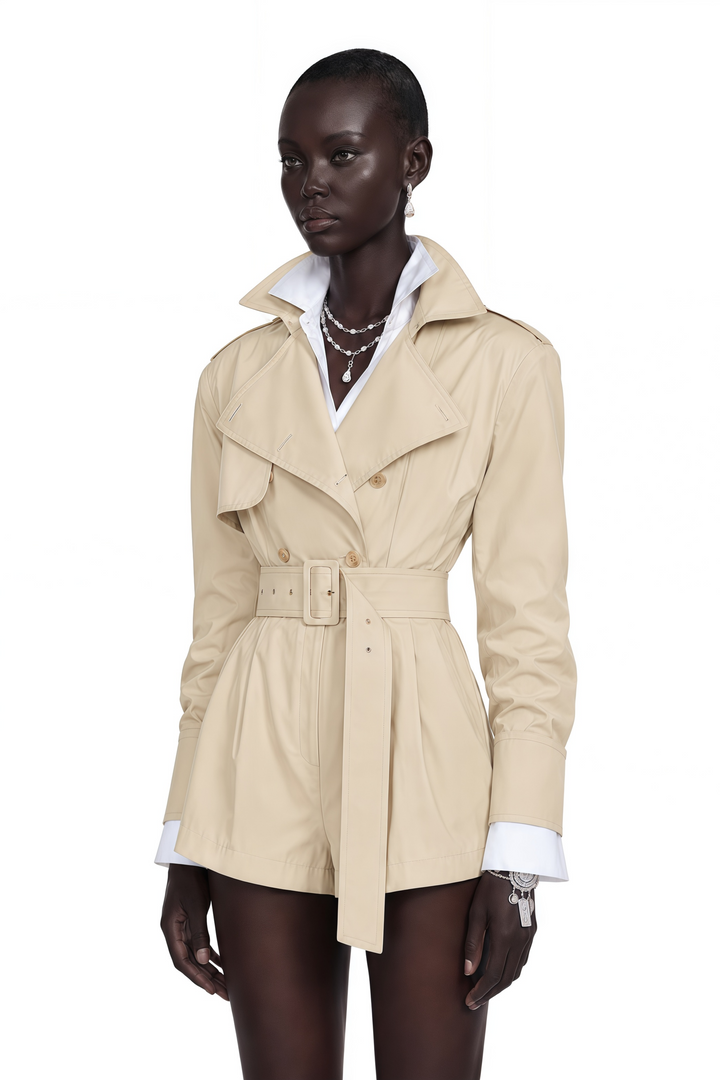 Women's beige belted trench playsuit with long sleeves and tailored shorts